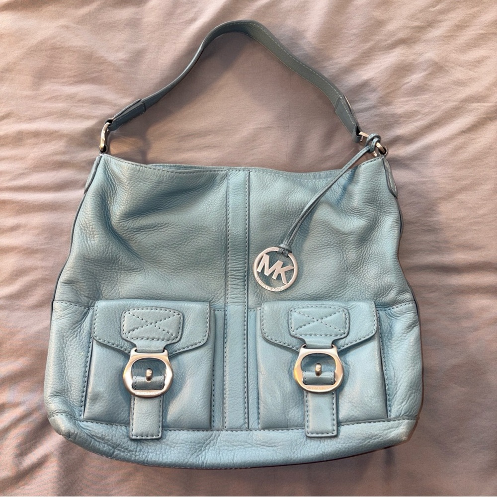 Michael Kors Ranger Sky Blue Leather Satchel Shoulder Bag Charm Buckle Designer